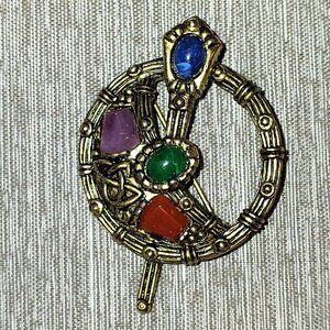Sol D'Or Miracle Vintage Glass Stones Kilt Pin Brooch Celtic Ireland